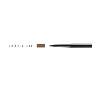Chocolate color example next to tip of eyebrow pencil brush. 