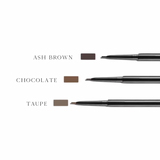 Diagram shows the three shades of the brow pencil color. Ash brown, chocolate, and taupe. 