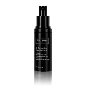 Black bottle with pump top of Revision Skincare C+ correcting complex 30%. The bottle says that the product is an exclusive antioxidant blend of THD ascorbate 30%, vitamin E, and microbiome technology. 