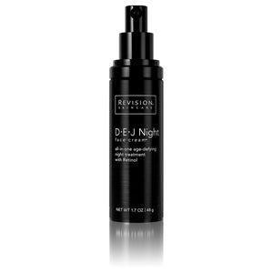 Black bottle with pump top of Revision DEJ night face cream. The bottle text says that it is an all in one age defying night treatment with retinol