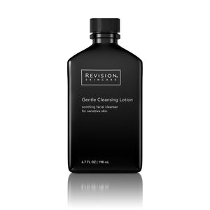 Black bottle of Revision skincare gentle cleansing lotion. The lotion is a soothing facial cleanser for sensitive skin. 