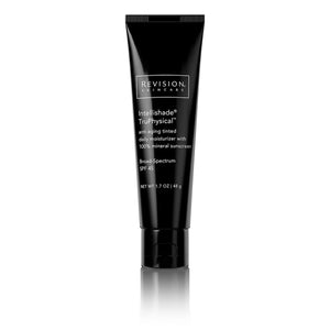 Black bottle of Revision skincare Intellishade TruPhysical. The text on the bottle states that the product is anti-aging tinted daily mousturizer with 100% mineral sunscreen that is SPF 45. 